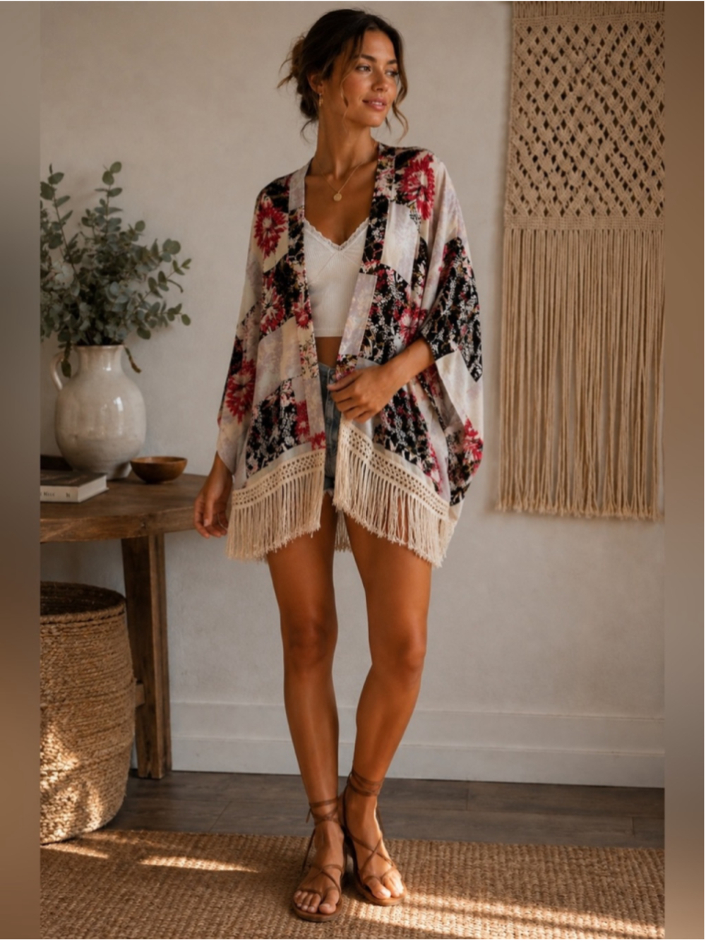 Talula Floral Fringe Kimono Cover-Up in Cream, Black & Pink Size S/M Boho
